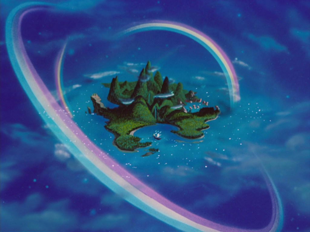 A colorful fantasy island surrounded by a rainbow in a bright blue sky.