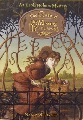 Cover of the book 'The Case of the Missing Marquess' featuring Enola Holmes, a young girl dressed in a brown dress, peering through a wrought iron gate with trees in the background.