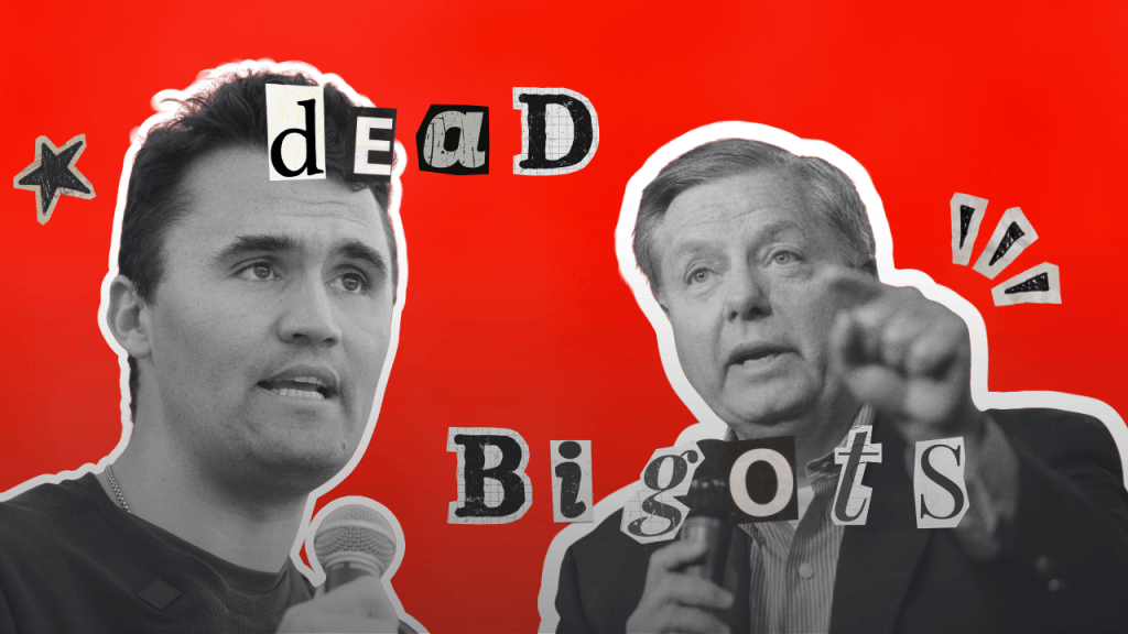 Two men speaking into microphones with a red background, featuring the text 'dead Bigots' overlaying the image.